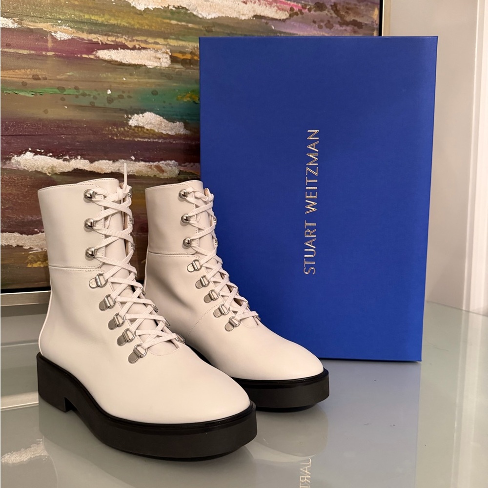 Stuart Weitzman White Leather Boots with Black Soles. Never Worn New in Box.